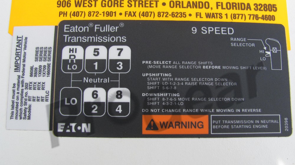 Fuller transmission 9 speed RT RTX shift pattern 20398 "H" pattern