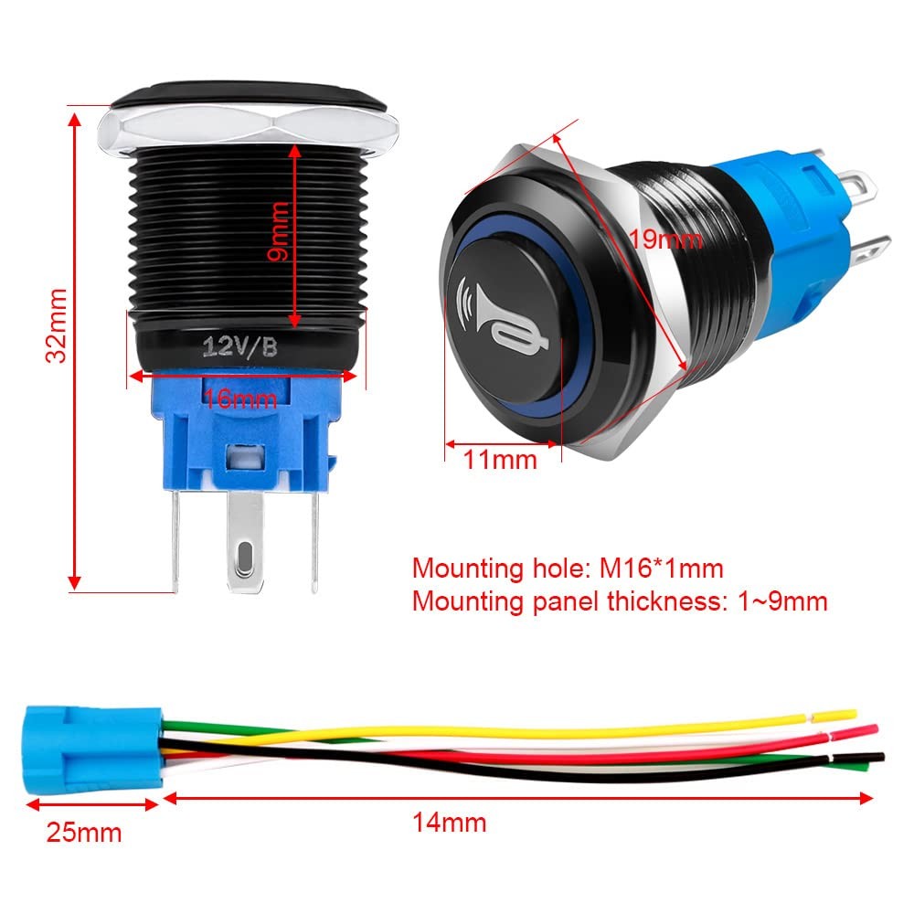 16mm Momentary Push Button Switch 12V-24V Blue LED Waterproof
