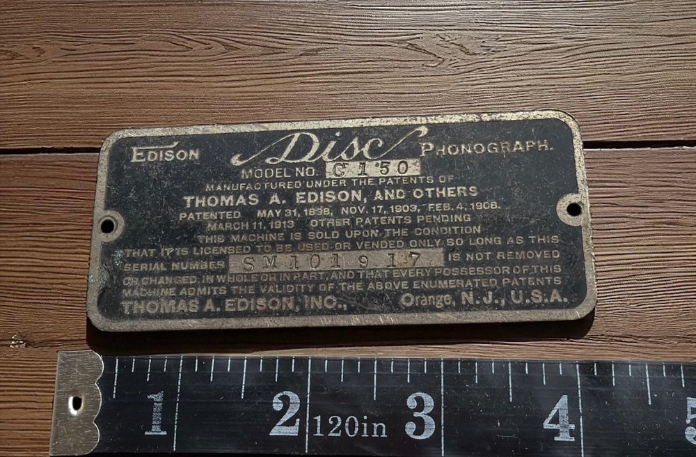 Edison Phonograph Advertising Serial Data Plate Model C150