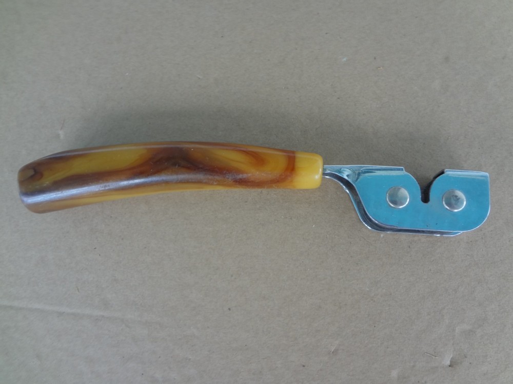 Vintage Bakelite Knife Pull Thru Sharpener Butterscotch Swirl Handle MCM 7-1/4"