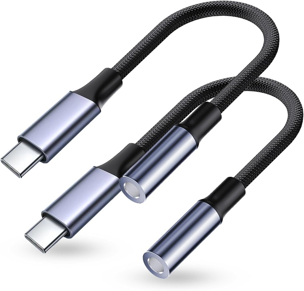 USB Type C to 3.5mm Headphone Jack Adapter, (2-Pack) C Aux Black