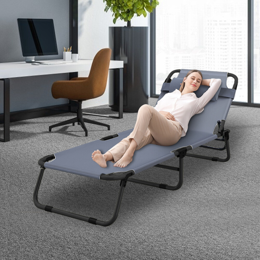 Slsy Folding Camping Cot 4-Position Outdoor Chaise Lounge Gray Pad Side Pockage