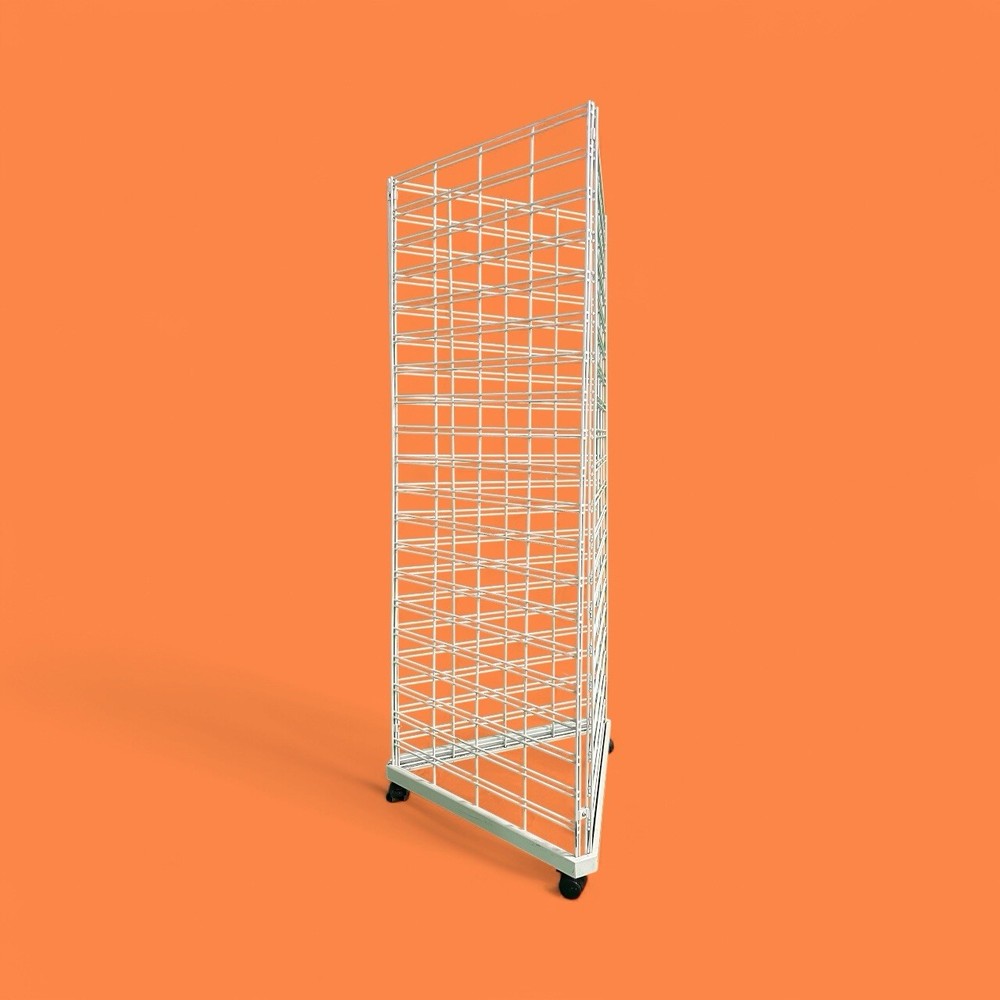 Wire Grid Triangle Tower Display Rack Casters Rolling Casters White 2' x 6 ½' H