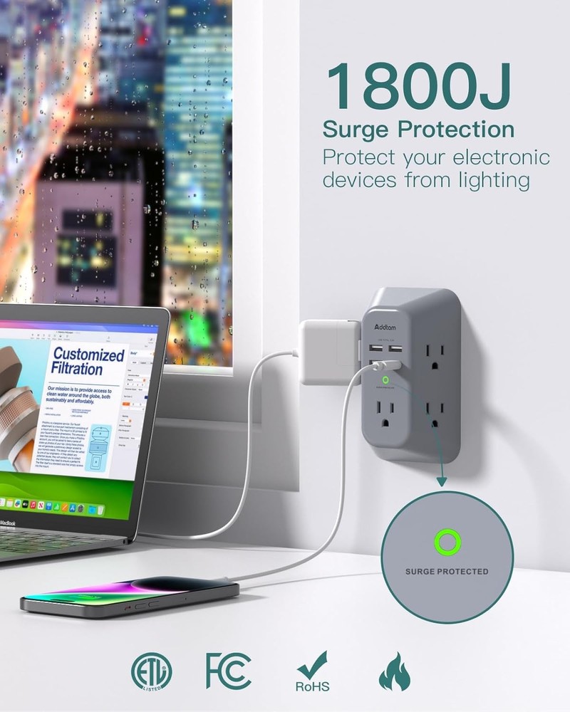 Surge Protector Outlet Extender Multi Plug Wall 2C2A-PD20W Gray