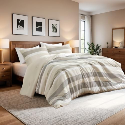 Comforter Set, 3 Pieces Striped Bed Set, Soft Brushed Microfiber Queen Neutral