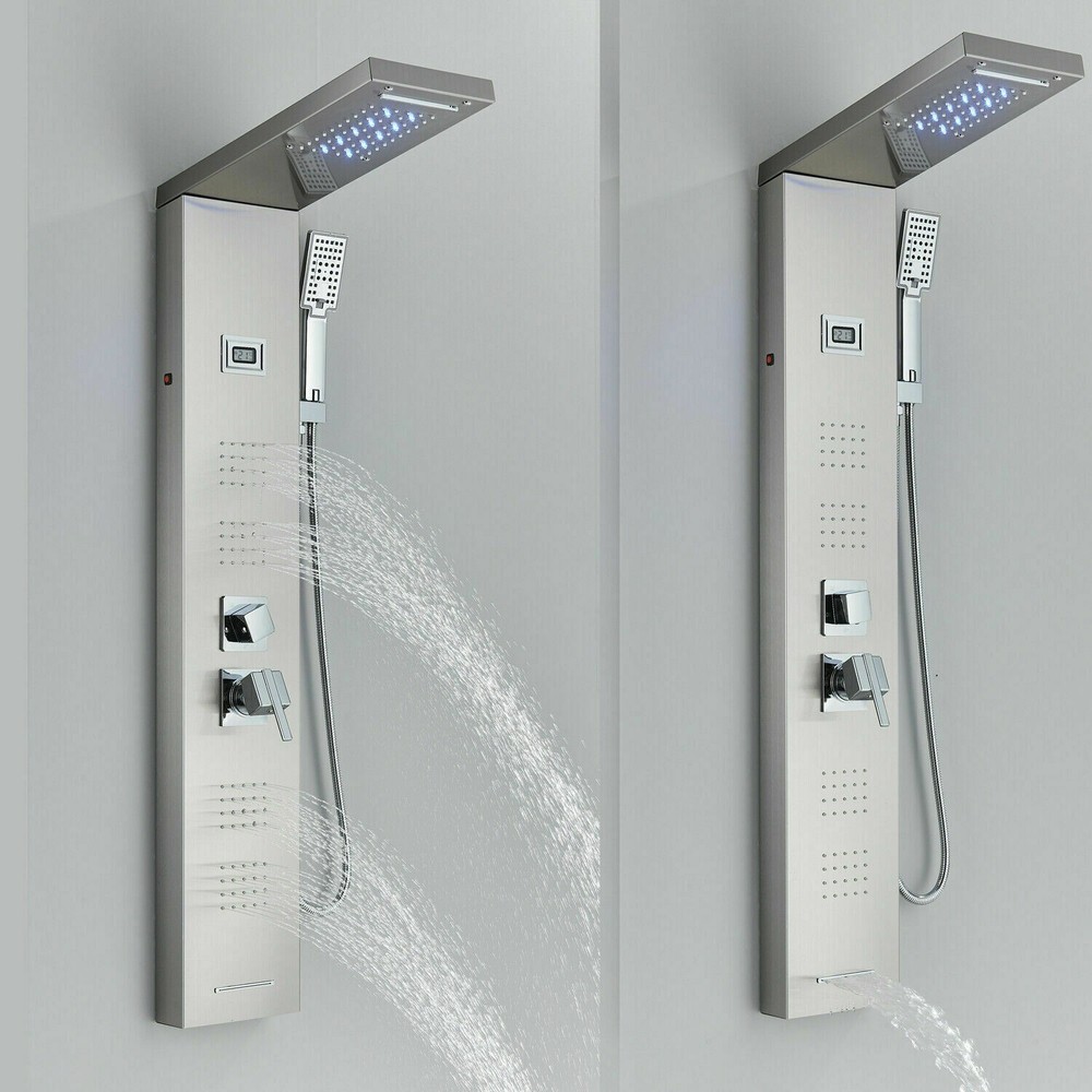 LED Shower Panel Tower System Water&Rainfall Massage Jet System Brushed Nickel