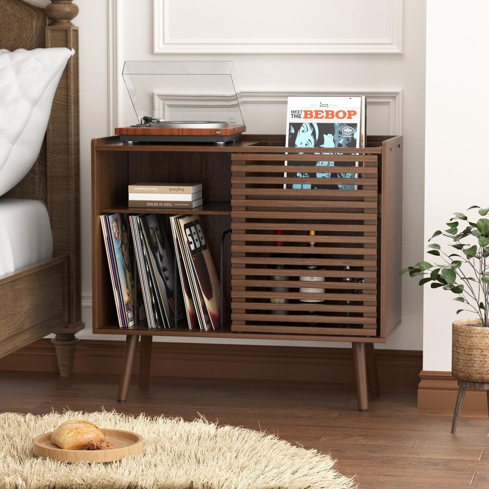 Medieval modern record player stand, featuring a socket and sliding door design.