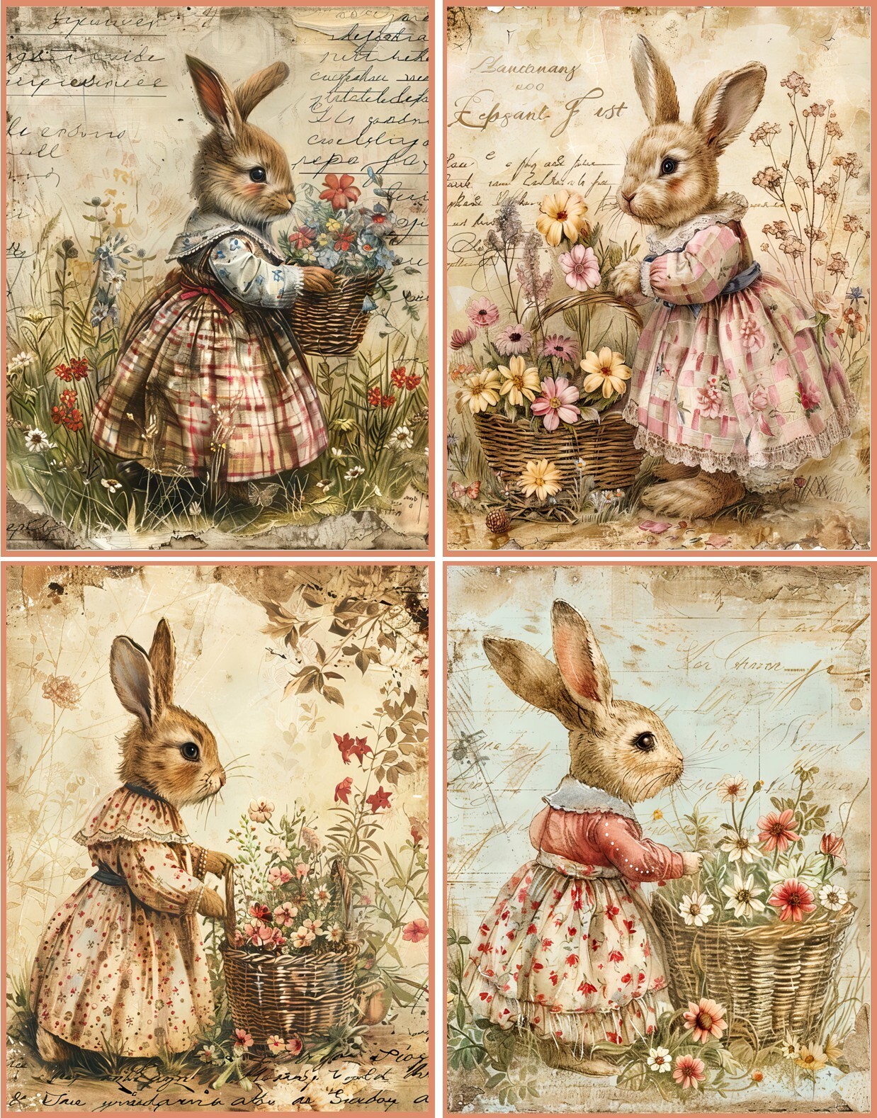 8 EASTER VINTAGE BUNNY RABBIT FLOWERS BASKET GLOSSY BLANK FOLD OUT CARD ENVELOPE