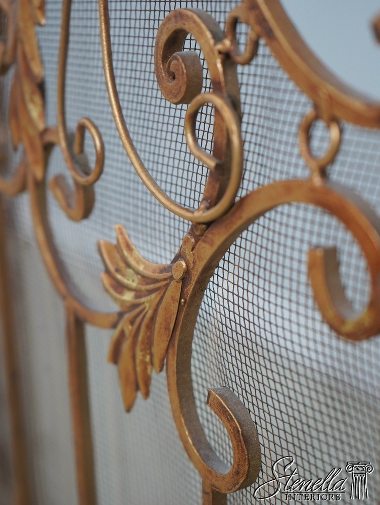 F72220: Vintage Three Panel Iron Frame Gold Painted Fireplace Screen