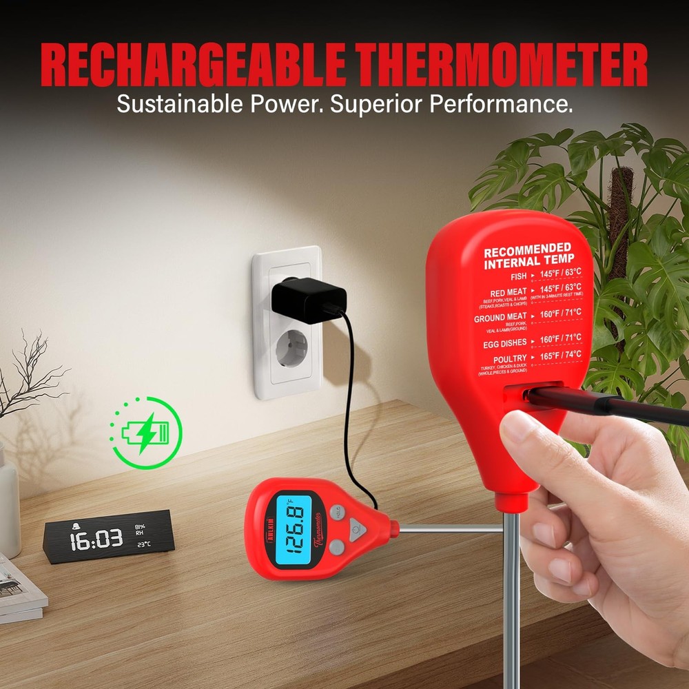 Digital Meat Thermometer set Rechargeable with External Probe Red