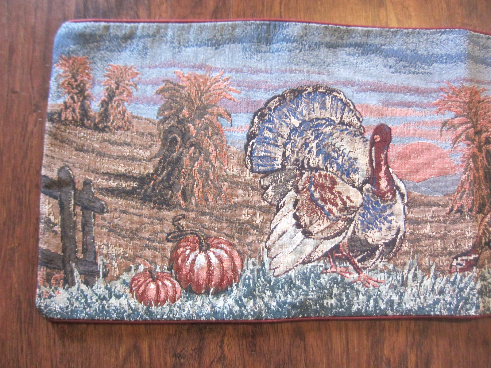 Thanksgiving Themed Woven Tapestry Table Runner Turkey Pumpkin Barn Hay 35x12.5