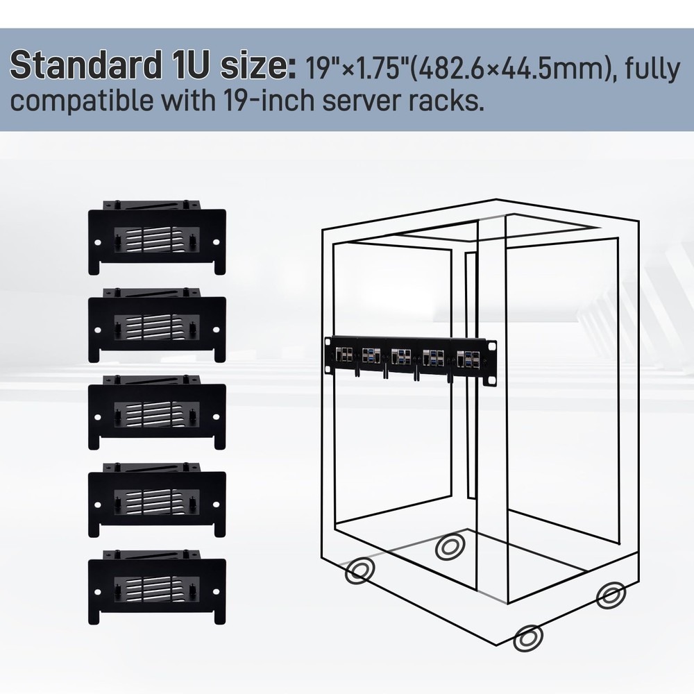 19 inch 1U Rack Mount for Raspberry Pi 5/4B/3B+/3B, with Removable Front Brac...