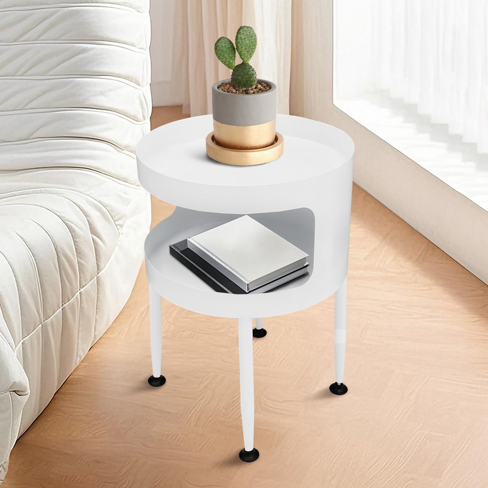 Round Table with Open Storage, Iron Bedside Table Modern Side Table 40x40x55cm