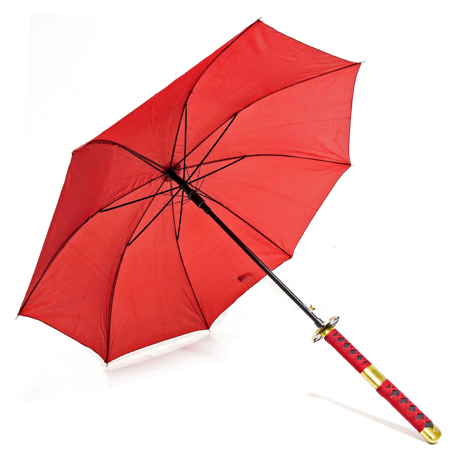 Unique Katana-Style Umbrella with Red Canopy & Faux Ray Skin Samurai Handle