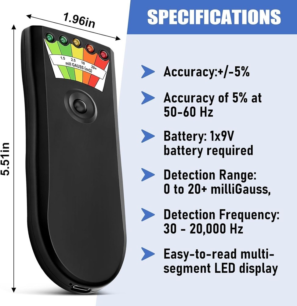 Compact EMF Detector - Rechargeable & User-Friendly with 20 MG Detection Range