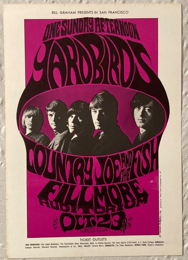 Yardbirds 1966 Fillmore Tour Poster 2nd Printing Bill Graham Led Zeppelin