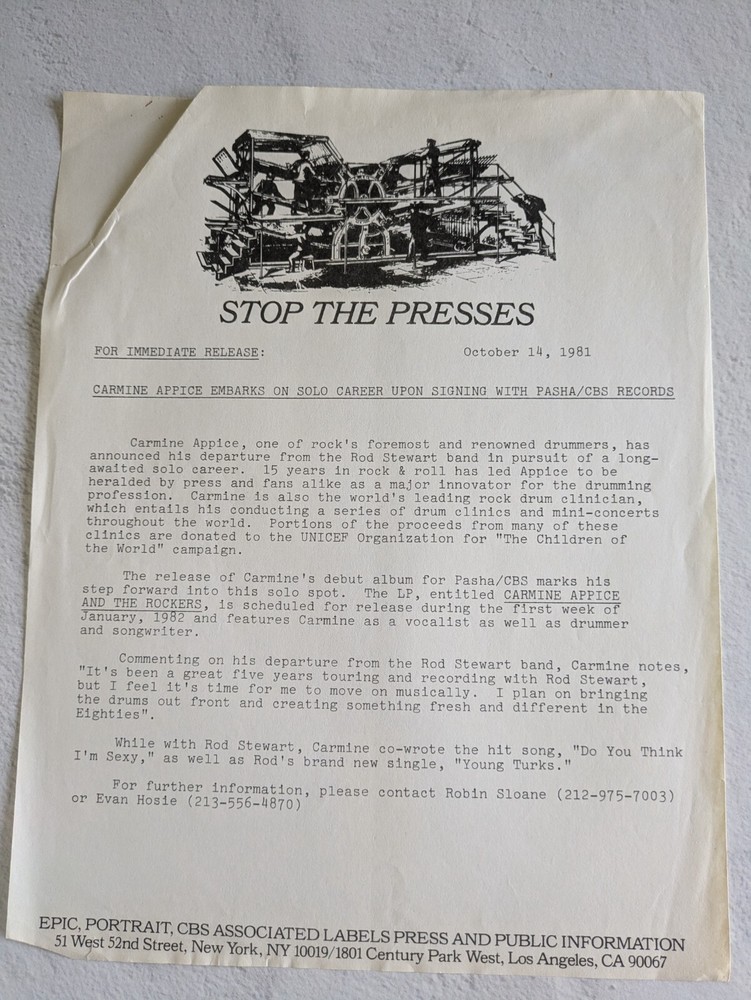 Carmine Appice Promotional Press Kit with 8x10 Photo Pasha Records 1981