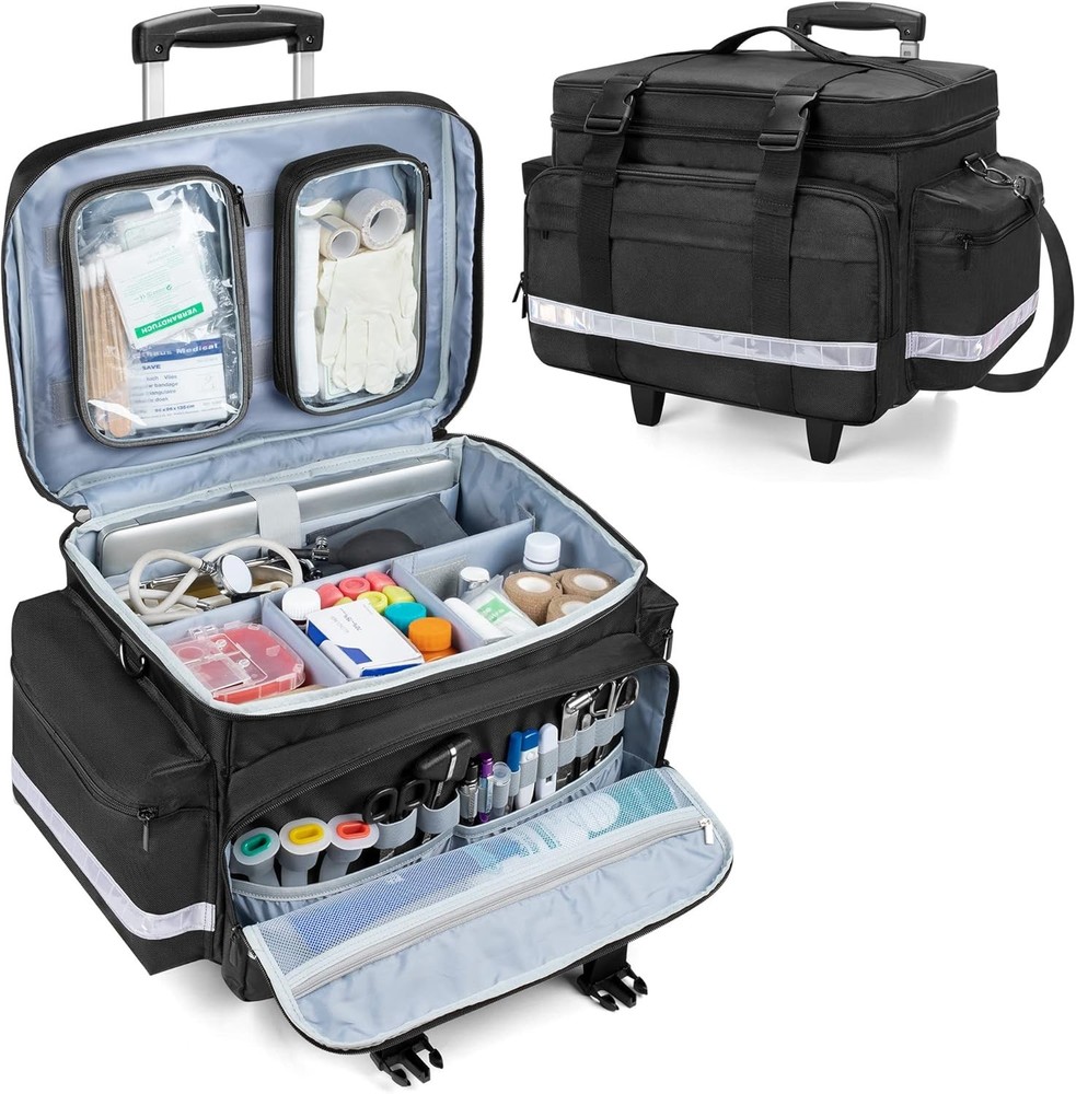 Rolling Medical Bag with Reflective Strips and Multiple Compartments