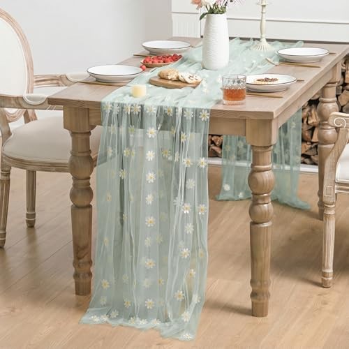 Embroidery Daisy Spring Summer Gauze Tablecloth 60"×84" (Rectangular) Green