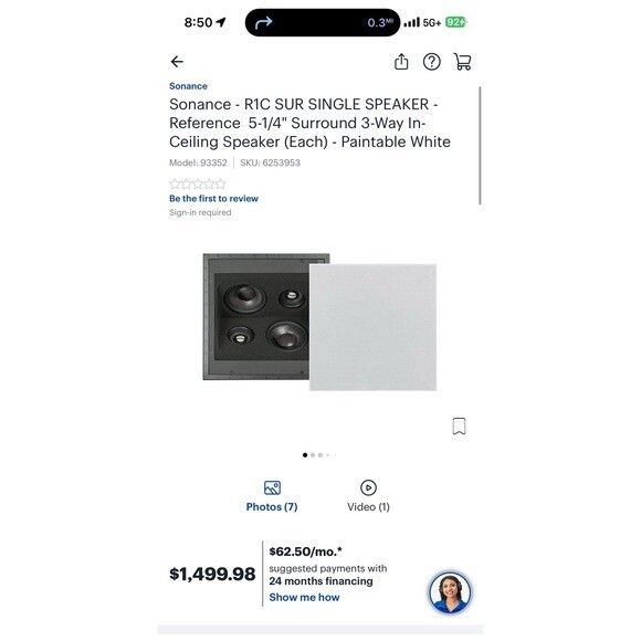 Sonance Reference R1C in-Ceiling Speaker Black Wired Dual 5.25" Square Shape LCR