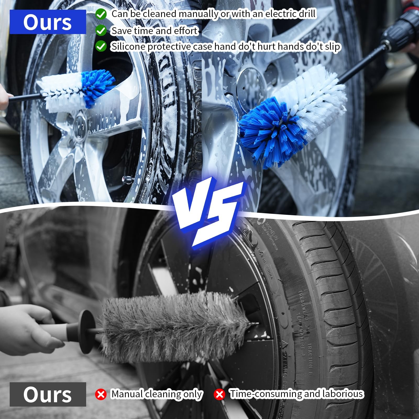 Wheel Brush, Soft Drill Cleaner Brush for Car Blue+white