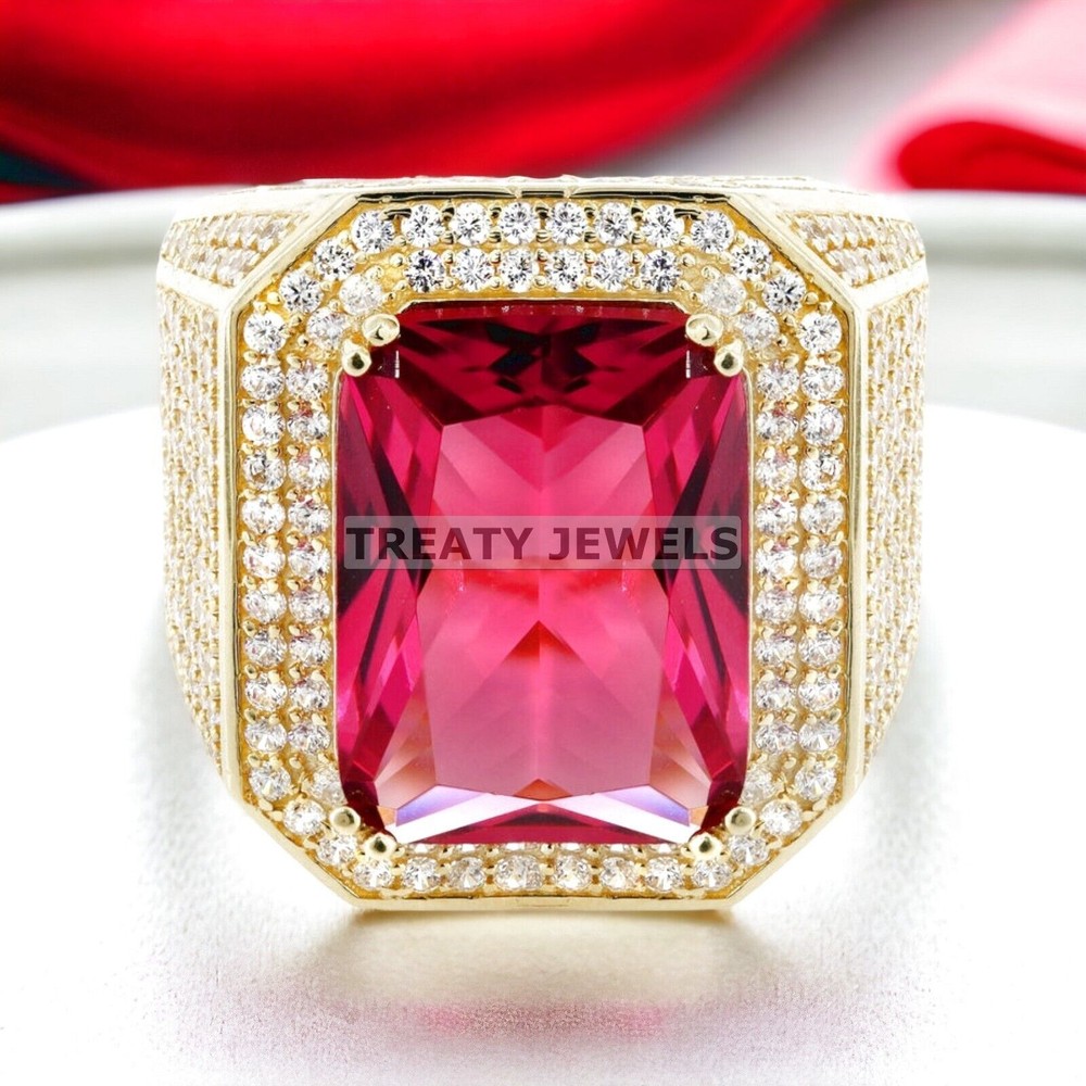 Ruby Emerald Cut Gemstone With 14K Solid White Gold Ring For Men's #986