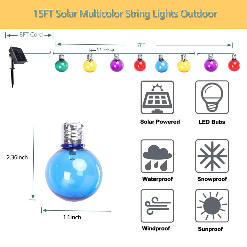 Vigdur Solar String Lights Outdoor, 7Ft Globe Multicolor String Lights with 1...