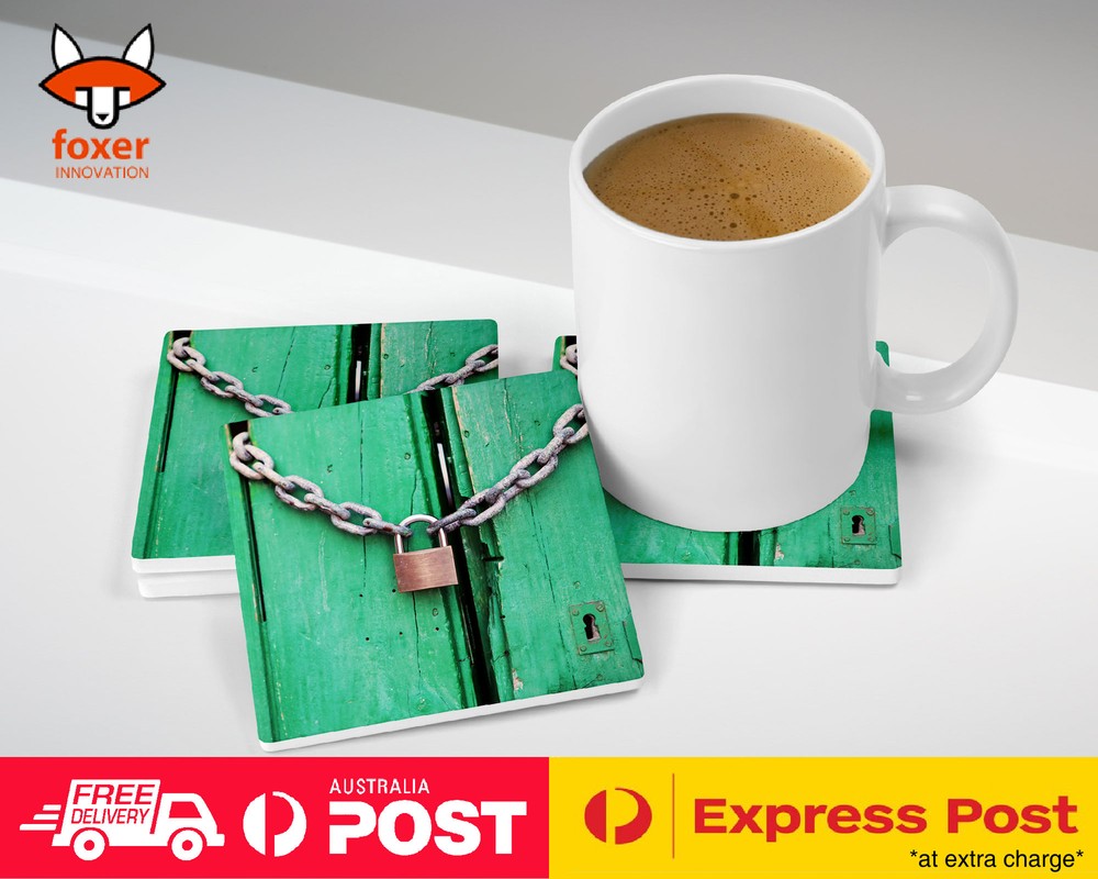 COASTER COFFEE DRINKING MAT|CHAINED LOCK ON WOOD (NOT REAL)