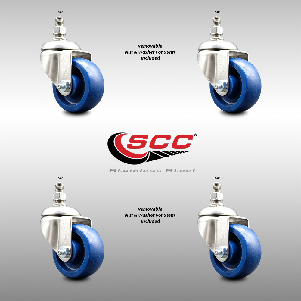 3 Inch 316SS Solid Polyurethane Wheel Swivel 3/8 Inch Threaded Stem Caster Set