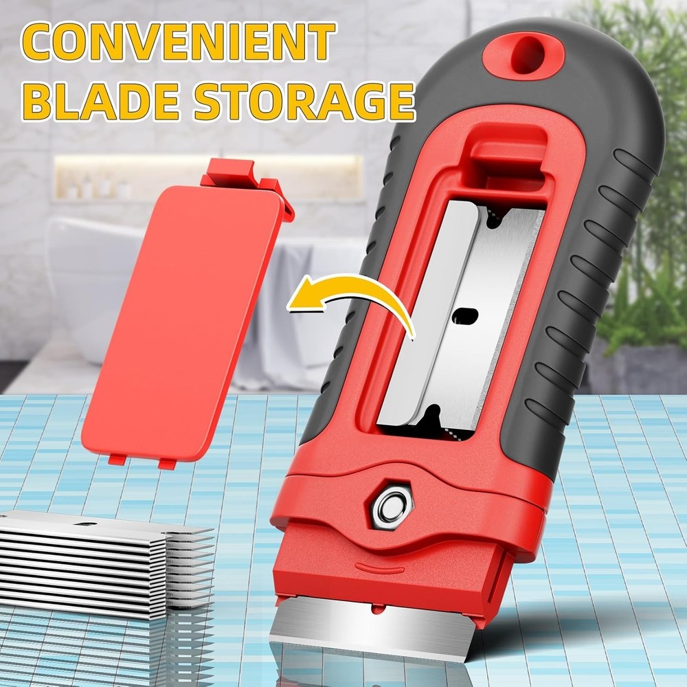1Razor Blade Scraper with 15 Extra Blades, 1 Pack, Red Scraping Tool