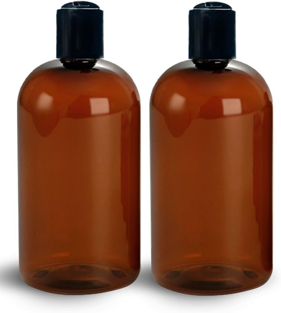 16 Oz Amber Plastic Empty Bottles with Black Disc Top Caps, Refillable Container