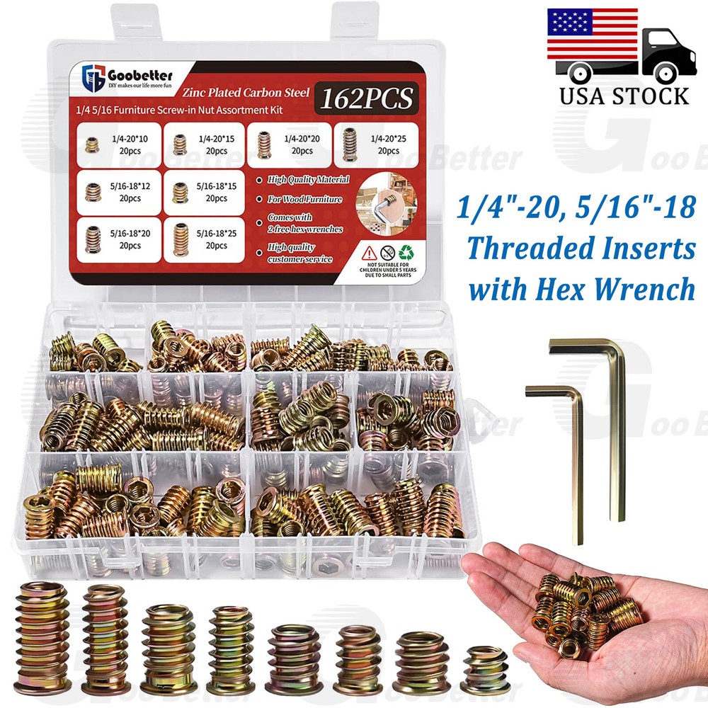 165pcs Threaded Hex Drive Insert Fixing Wood Screw Inserts Nuts 1/4"-20 5/16"-18