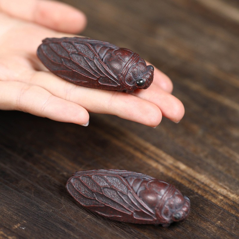 6cm Yixing Purple Clay Handcarved Cicada Statue Tea Pet Auspicious Ornament