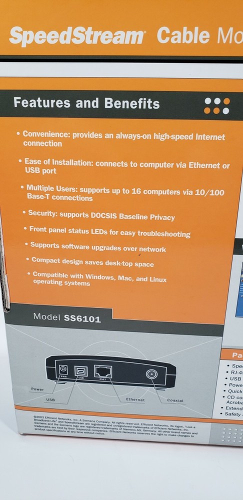 Siemens SpeedStream Cable Modem. Ethernet/ USB Compatible. Model No. SS6101