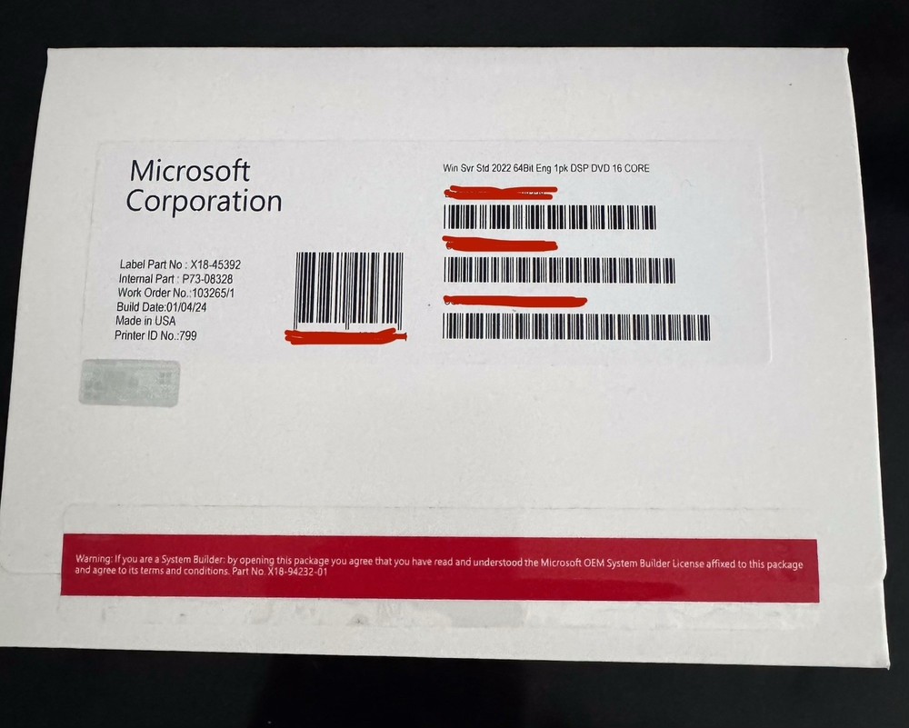 Microsoft Windows Server 2022 Standard 64-bit License & DVD 16 Core