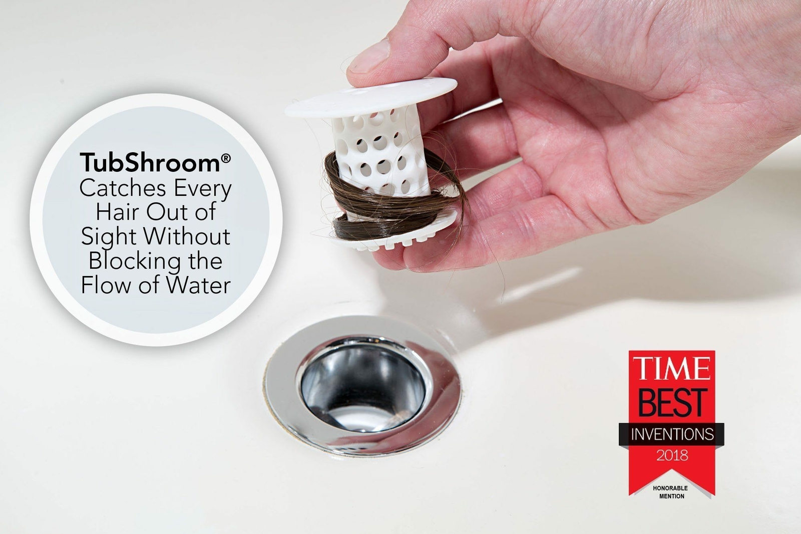 TubShroom® White Revolutionary Hair Catcher Drain Protector Snare, No More Clogs