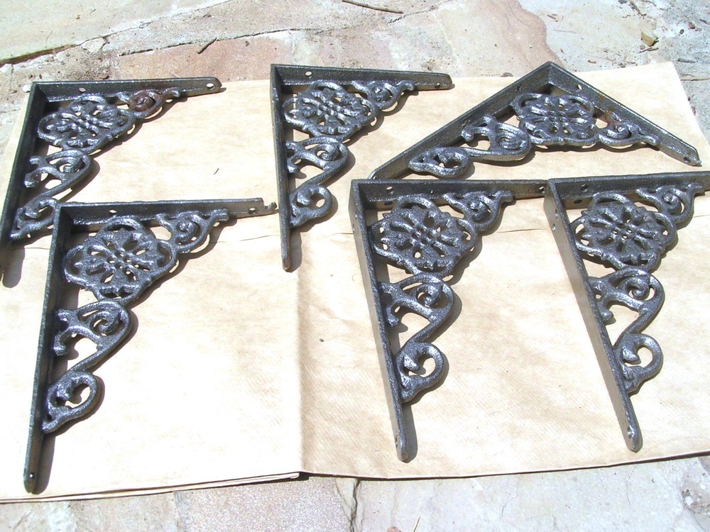 SIX Cast Iron Wall Shelf Brackets, small braces, corbels, Gray