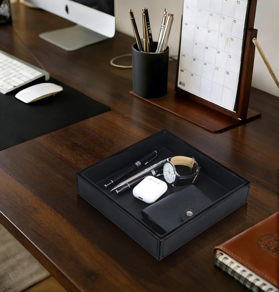 Faux Leather Vanity Tray, Elegant Desktop Storage Organizer, Decorative Catch...