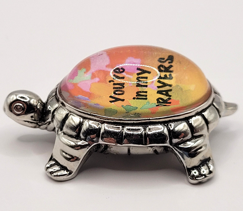 Turtle Pocket Charm Figurine In My Prayers Multi Colored Domed Back Silver Toned