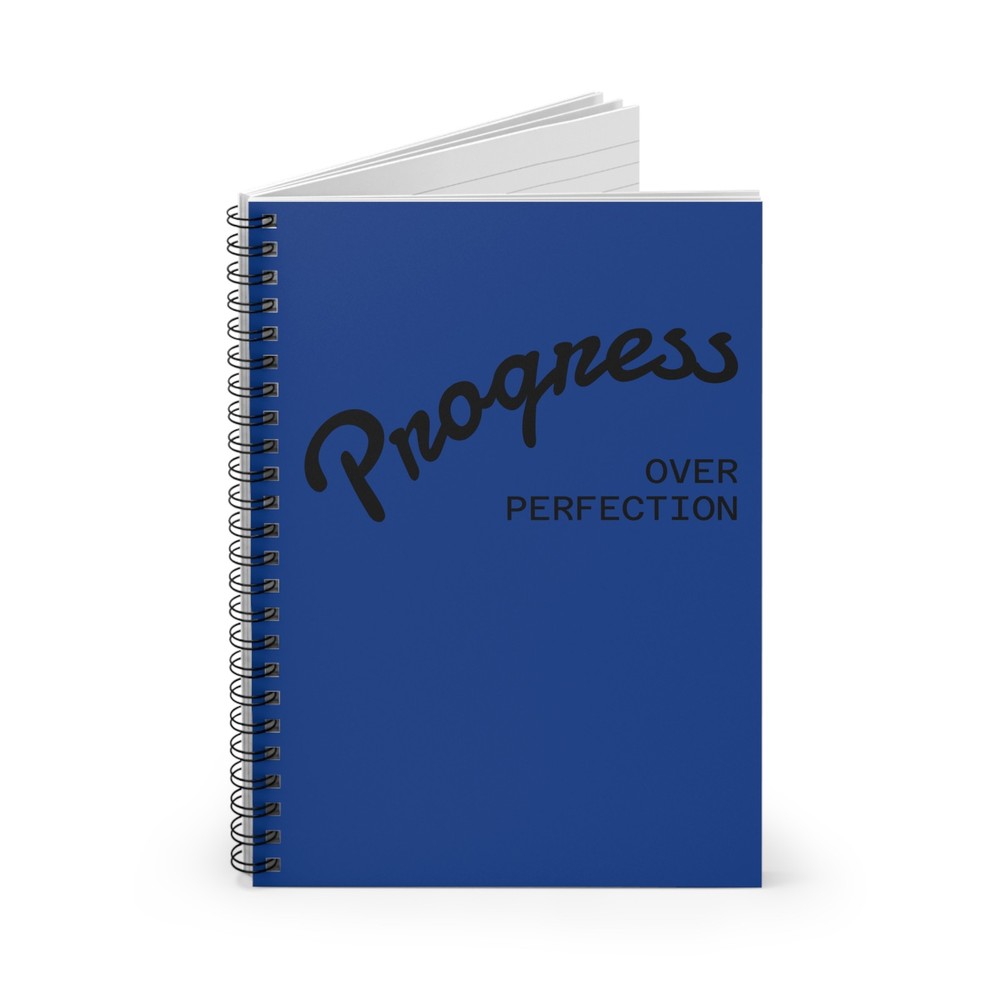 Progress Over Perfection | Blue Notebook | Spiral Ruled Journal | Inside pocket