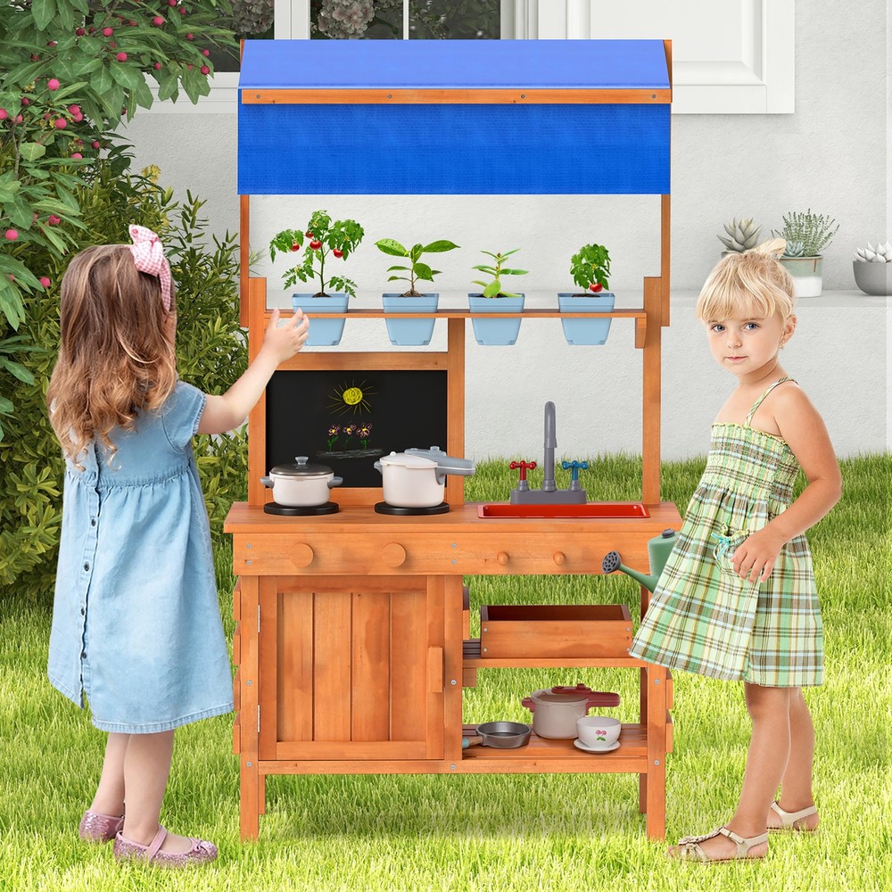 Mud Kitchen Wooden Pretend Play Kitchen w/ Height Adjustable Canopy