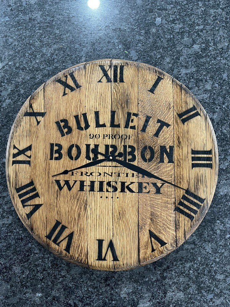 Authentic Bulleit Bourbon Barrel Head Clock 21.5” Dia.