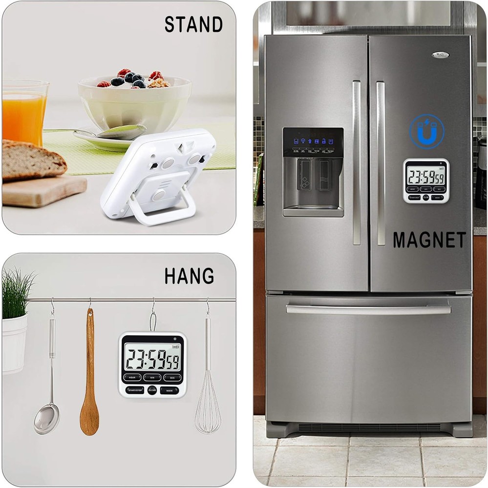 Digital Kitchen Timer 12-Hour Clock Count Up/Down Mute Alarm Large LCD Black