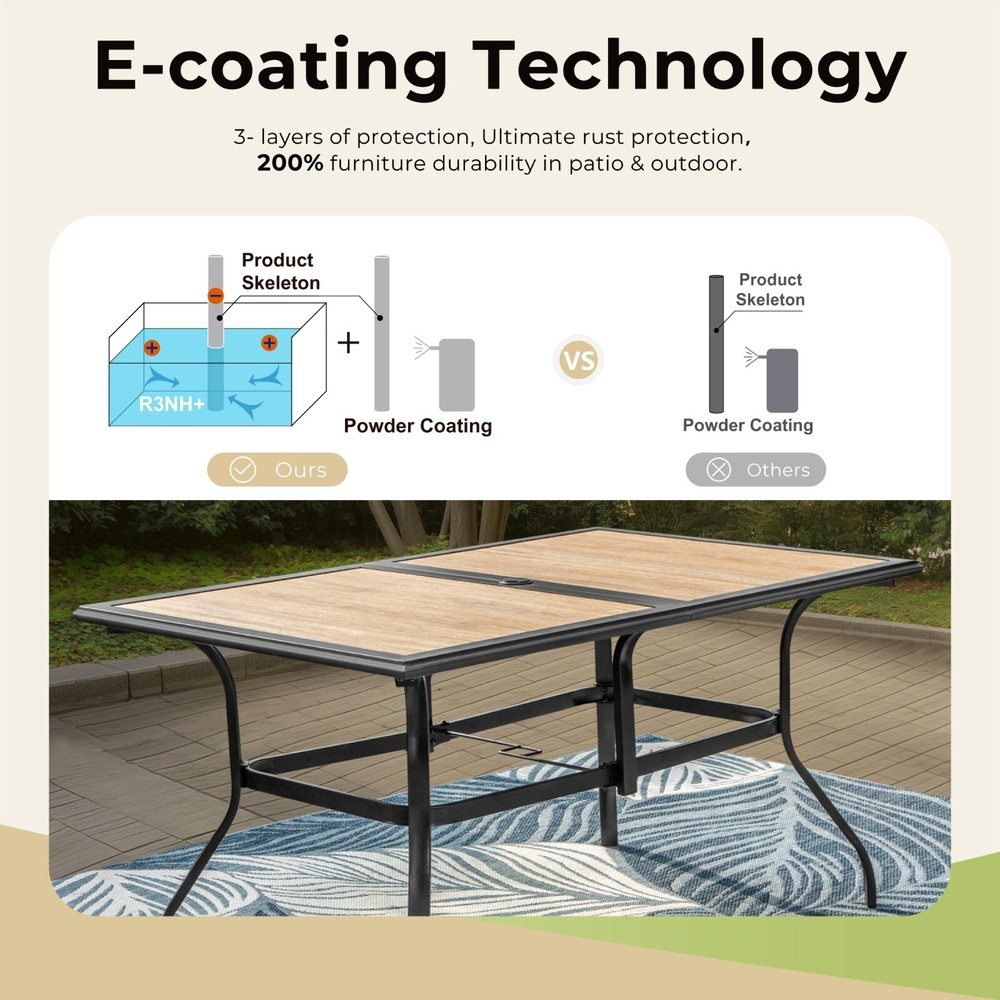 Outdoor Dining Table with Umbrella Hole Rectangular Patio Table for 4-6 Person