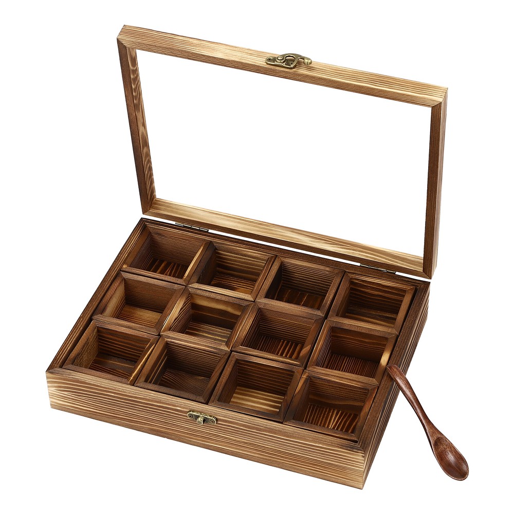 12-Compartment Wooden Spice Box with Spoon - Elegant Kitchen Storage Solution