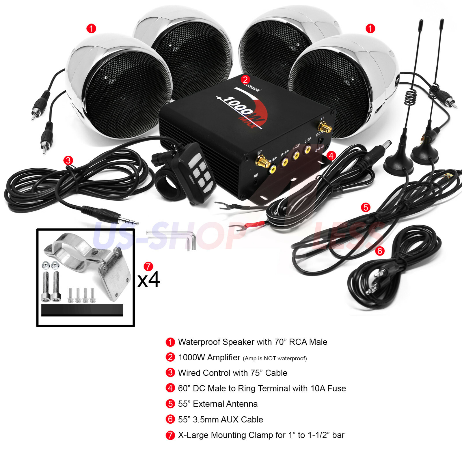 1000W AMP Waterproof Bluetooth Stereo 4 Speaker Audio System USB FM Radio Harley