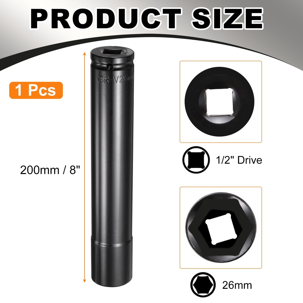 6-Point Deep Impact Socket 26mm Metric Socket 1/2" Drive 8" Long
