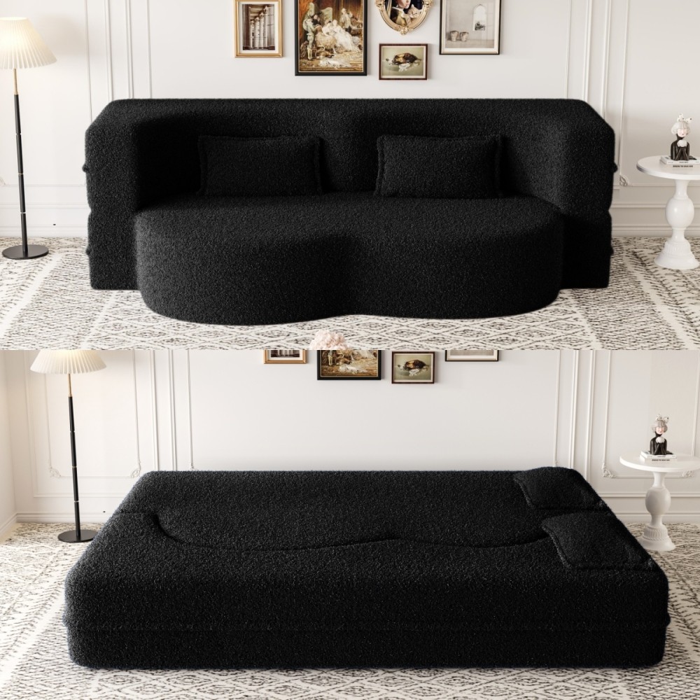 Full Size Convertible Sofa Bed Sleeper w/ 2 Pillows Black - No Assembly
