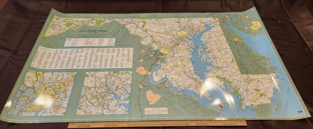 Large Maryland Laminated State Road Map, Approx. 62.75"x36"