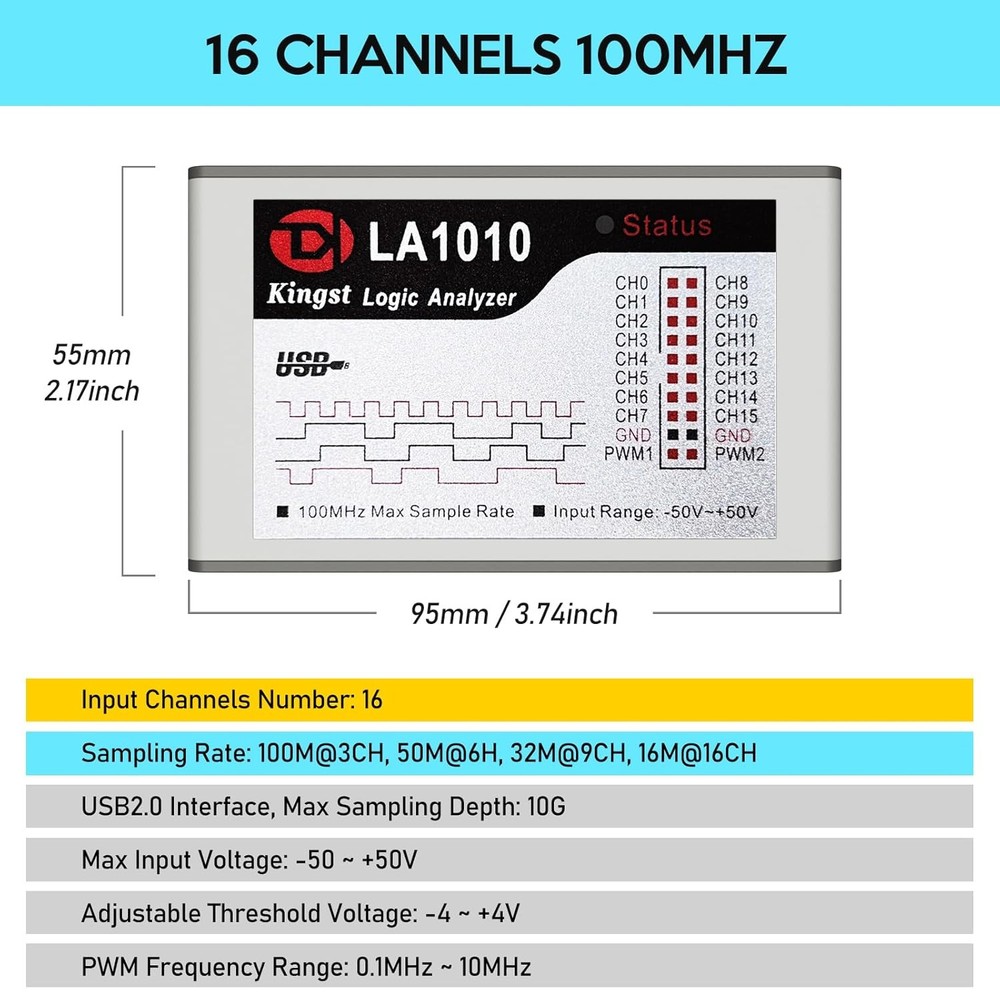 USB Logic Analyzer 16 Channel 100MHz with PC Software Windows Linux Handheld